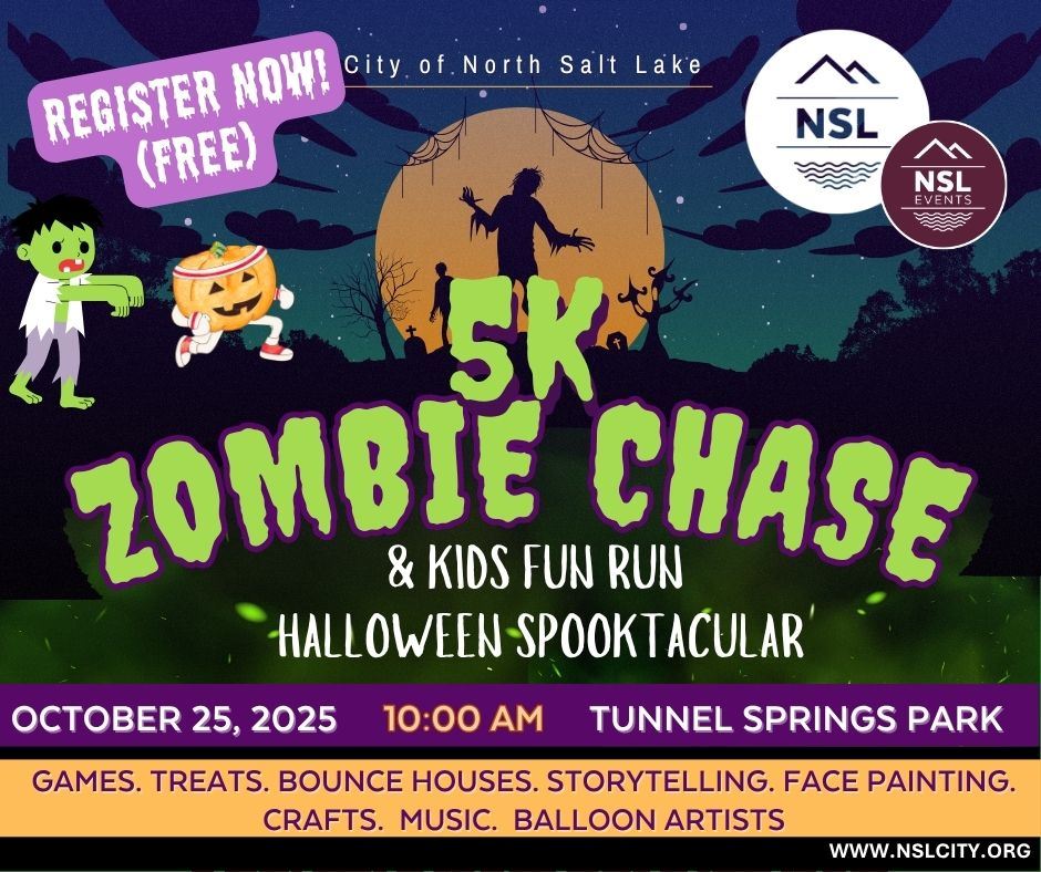 Zombie Chase 5K Halloween spooktacular 2025 green text more details